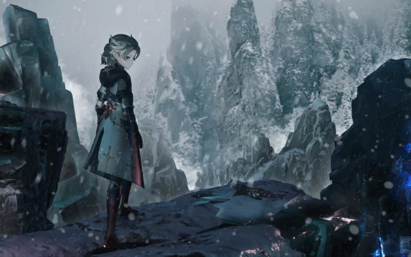 Albedo from Genshin Impact stands amidst a snowy, mountainous landscape in this 4K Ultra HD PC desktop wallpaper from the video game.