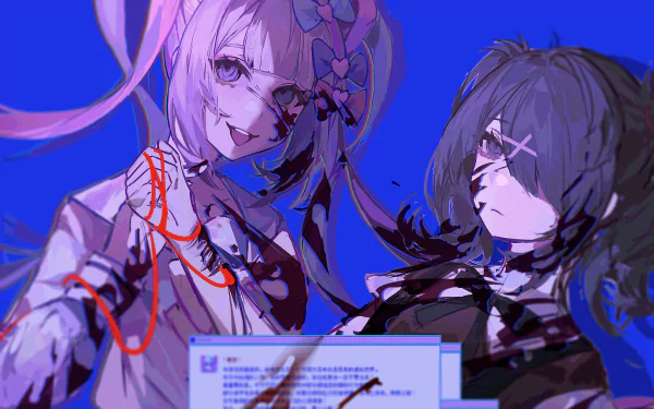 HD PC wallpaper of NEEDY GIRL OVERDOSE characters Ame-chan and OMGkawaiiAngel-chan: stylized blue-violet portrait with bandages, red thread, blood splatters and a blurred video game notification.