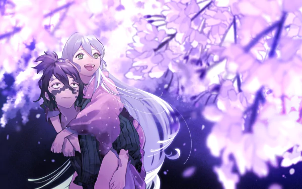 HD anime desktop wallpaper featuring Daki and Gyutaro from Demon Slayer: Kimetsu no Yaiba surrounded by glowing cherry blossoms in soft purple hues.