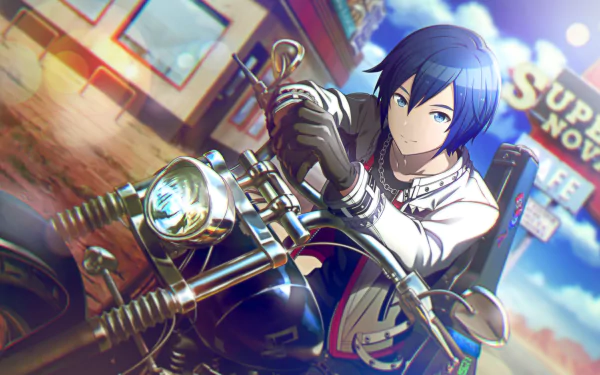 HD PC desktop wallpaper featuring Kaito from Vocaloid in a dynamic scene from the video game Project Sekai: Colorful Stage! feat. Hatsune Miku, riding a motorcycle.