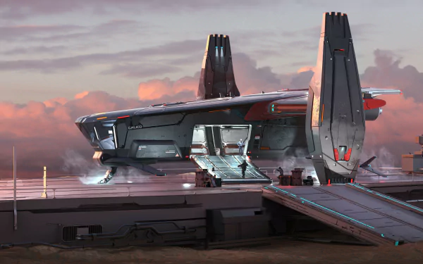 HD desktop wallpaper of a Star Atlas spaceship parked on a launch pad with cloudy skies in the background.