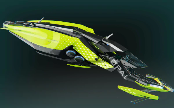 Vibrant neon green and black futuristic spacecraft from Star Atlas, set as a high-definition desktop wallpaper and background.