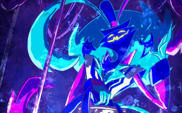 HD PC desktop wallpaper featuring Asmodeus from the TV show Helluva Boss with vibrant blue and purple tones and dynamic, stylized artwork.