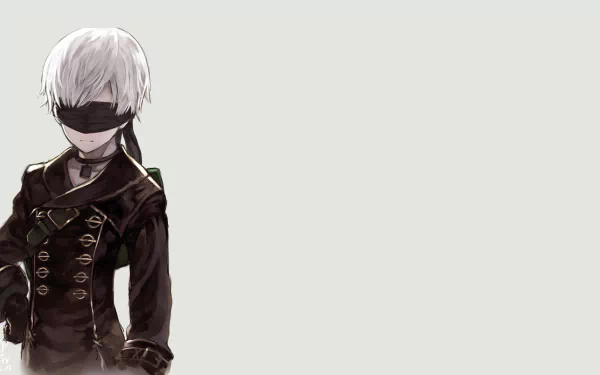 HD PC desktop wallpaper of YoRHa No.9 Type S from the video game NieR: Automata — a blindfolded, white‑haired android in a black YoRHa uniform on a pale minimalist background.