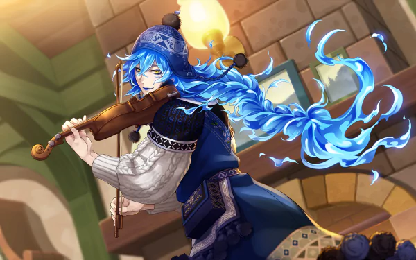 HD PC desktop wallpaper featuring Idia Shroud from the video game Twisted Wonderland, playing a violin with flowing blue hair and vibrant, detailed background lighting.