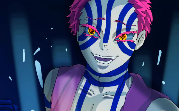 Akaza from Demon Slayer: Kimetsu no Yaiba in a 5K Ultra HD anime PC desktop wallpaper — close-up of his blue-striped face, pink hair and menacing grin against a dark backdrop.