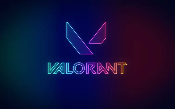 4K Ultra HD PC desktop wallpaper featuring the neon-glow logo of the video game Valorant on a dark gradient background.