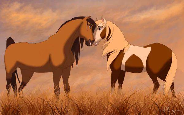 HD desktop wallpaper featuring two horses from the movie Spirit: Stallion of the Cimarron against a warm, grassy backdrop at sunset.