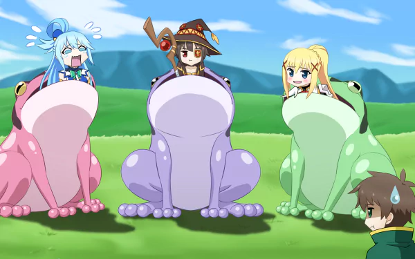 HD PC wallpaper from KonoSuba - God’s blessing on this wonderful world!!: Aqua, Megumin and Lalatina Darkness Dustiness Ford seated in giant colorful frogs as Kazuma watches in a sunny field.