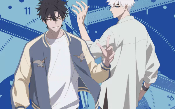 HD PC desktop wallpaper: anime art of Lu Guang and Cheng Xiaoshi (Link Click), two young men posed against a blue filmstrip and clock-themed background.