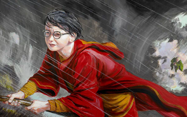 HD desktop wallpaper featuring Harry Potter from the movie Harry Potter and the Chamber of Secrets flying on a broomstick through rain and stormy skies.