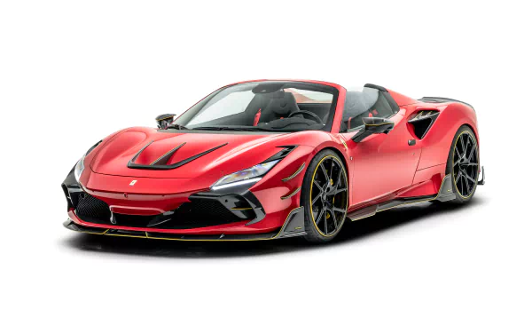 Red Ferrari F8 Spider supercar with open top on white background — high-detail 8K Ultra HD PC desktop wallpaper showcasing the sleek sports vehicle