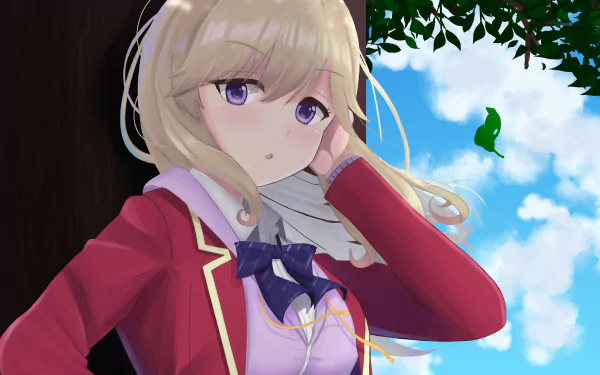 Portrait of Sakurako Tsubaki from Classroom of the Elite — anime girl in red school uniform against blue sky and leaves, 2K Quad HD PC desktop wallpaper.