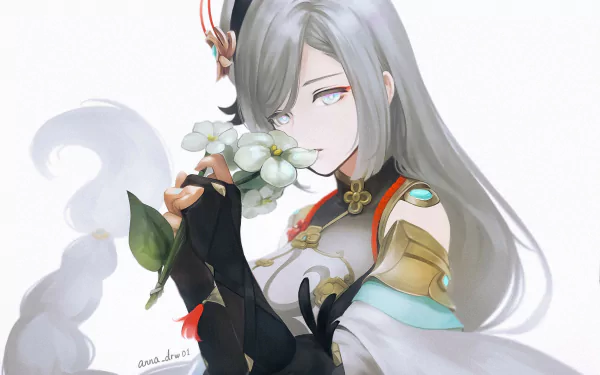 Shenhe from Genshin Impact is depicted in this HD PC wallpaper, featuring her holding a flower with an elegant expression and intricate attire, showcasing the game's captivating art style.
