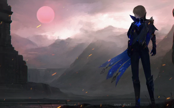 2K Quad HD PC desktop wallpaper: Dainsleif (Genshin Impact) in a blue cloak stands on a cliff, back to viewer, overlooking misty mountains and a pink moon with drifting embers, video game art.