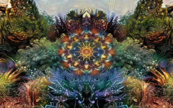 A vivid, intricate fractal mandala with swirling abstract patterns in rich colors, rendered in stunning 4K Ultra HD for a dynamic PC desktop wallpaper.