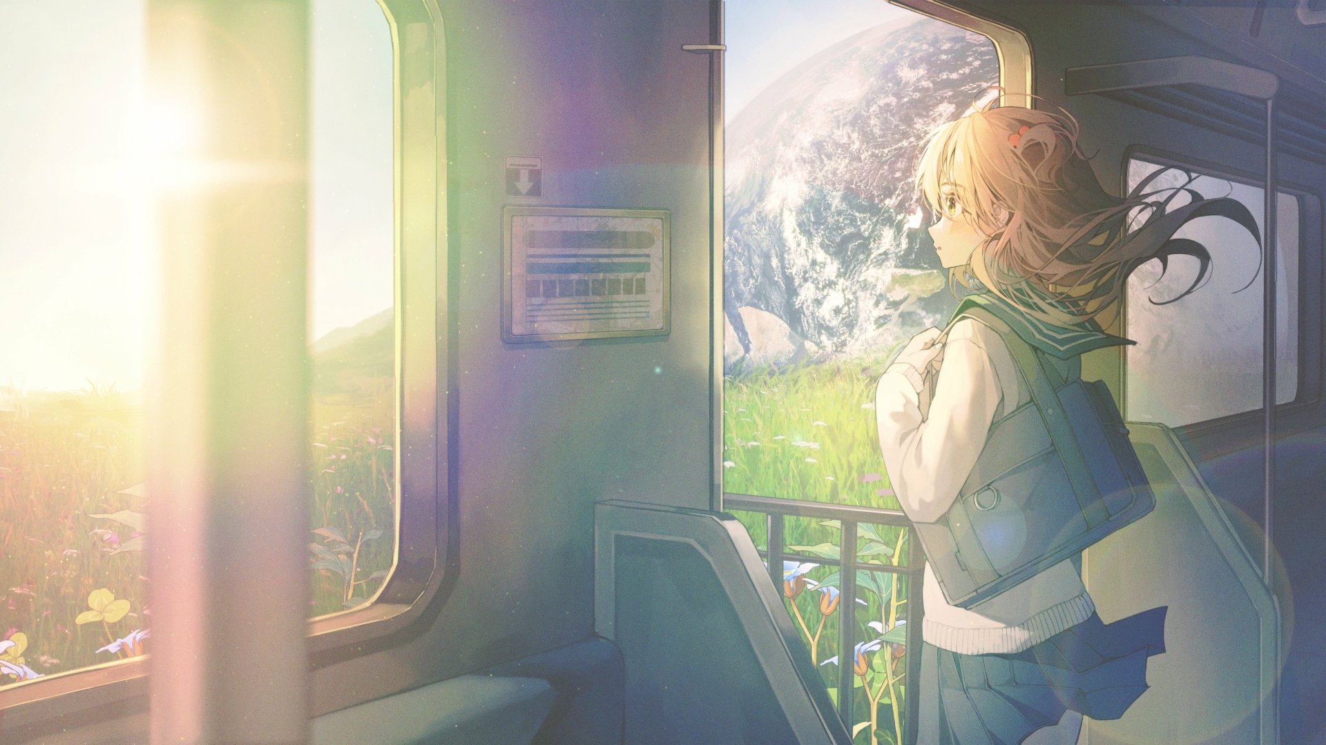 4K Ultra HD anime wallpaper featuring an anime girl gazing thoughtfully out of a train window at a bright, sunlit landscape with a distant view of Earth.