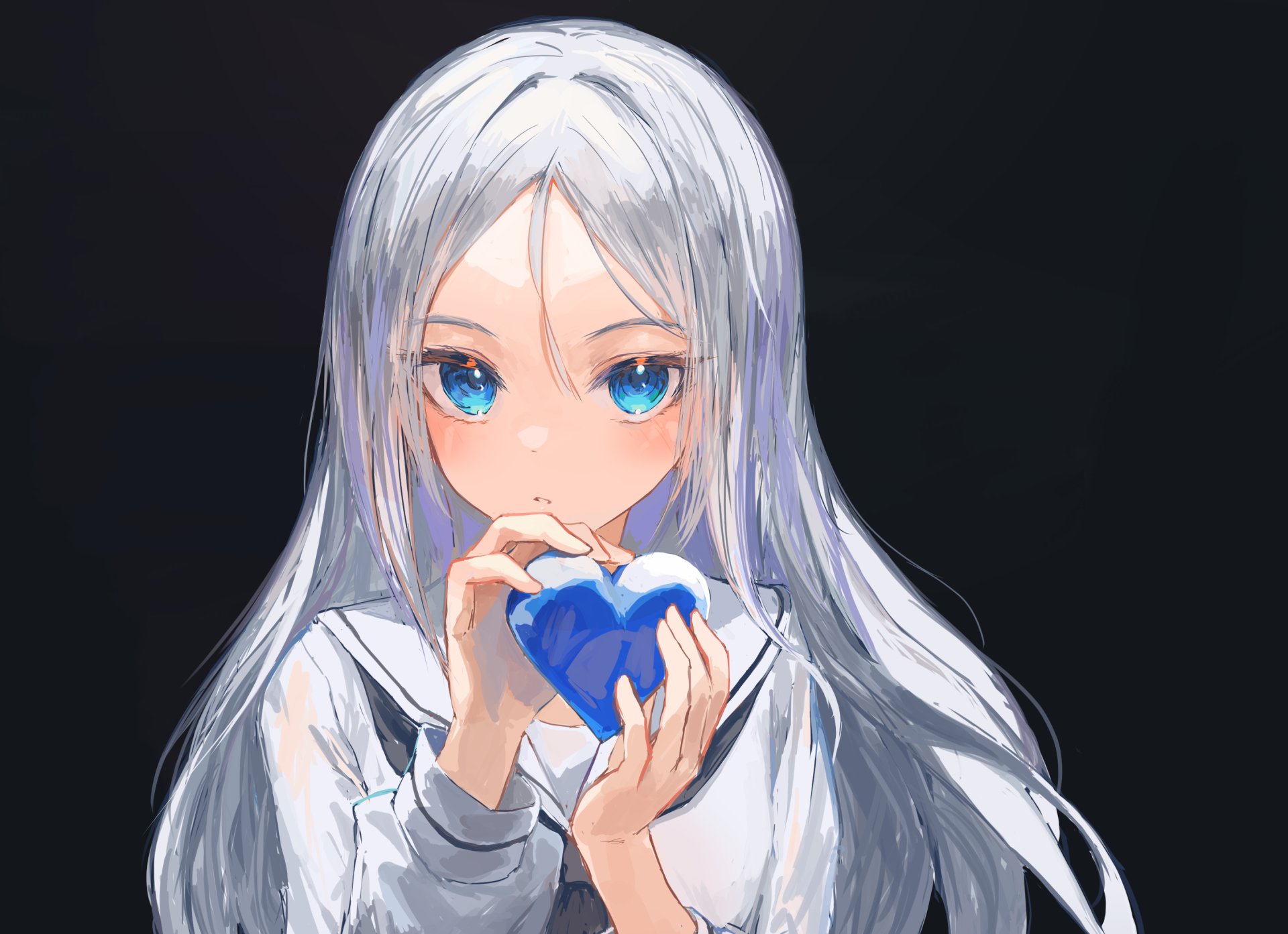 Anime girl with long grey hair and bright blue eyes holds a blue heart, rendered as a 2K Quad HD PC desktop wallpaper/background.