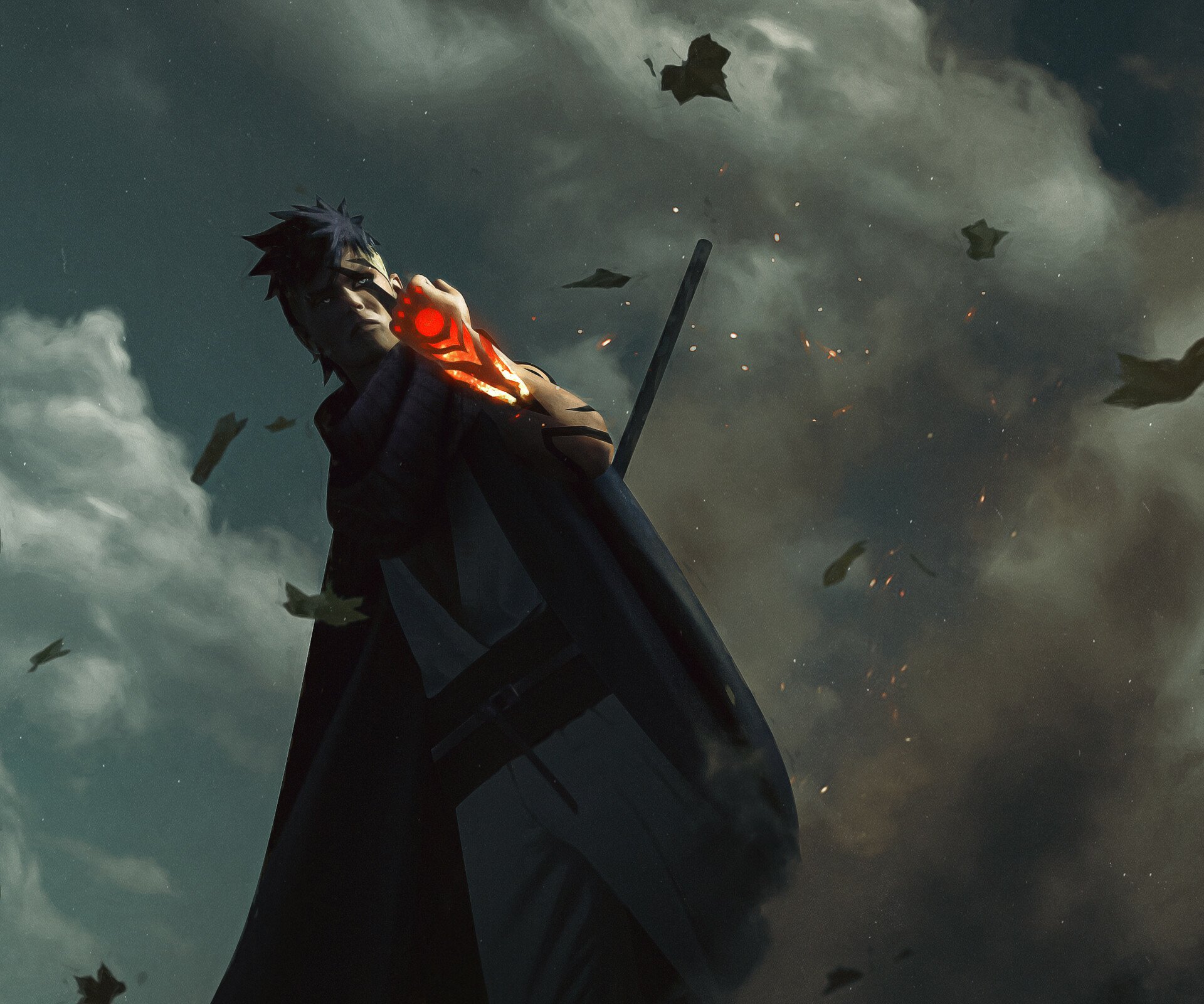 Kawaki (Boruto) amid a stormy sky, his Karma mark glowing on the shoulder as debris and embers swirl — anime HD PC desktop wallpaper/background.