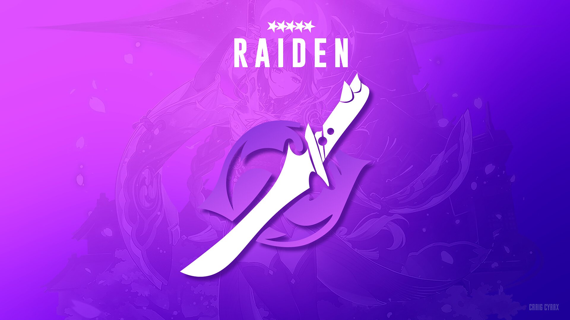 8K Ultra HD PC desktop wallpaper featuring Raiden Shogun’s sword and emblem from the video game Genshin Impact, set against a vibrant purple background.