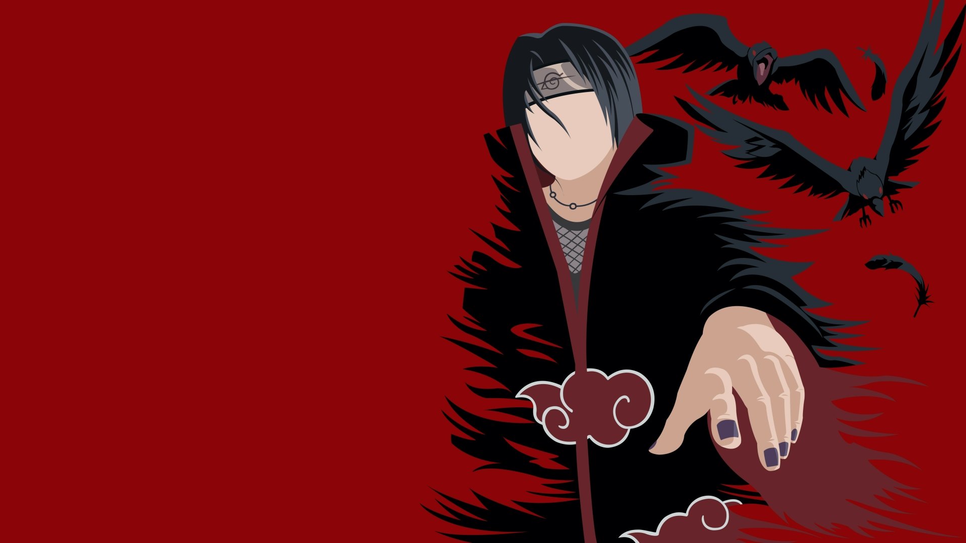 Minimalist 4K anime desktop wallpaper of Itachi Uchiha from Naruto in his Akatsuki cloak, faceless silhouette reaching out against a deep red background with flying crows.