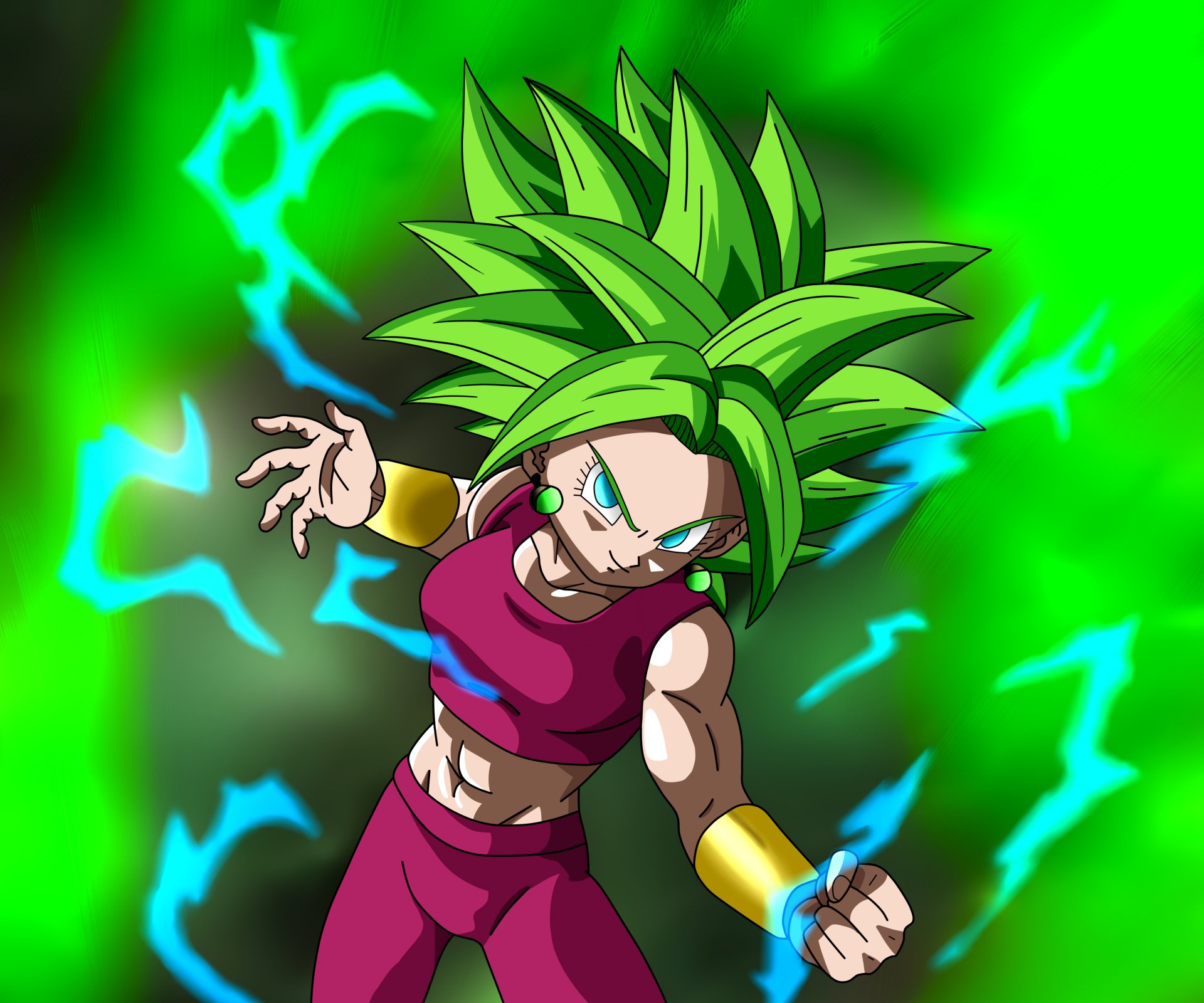 Caulifla (Dragon Ball Super) as a green Super Saiyan, snarling and crackling with energy, vivid 4K Ultra HD anime PC desktop wallpaper background.