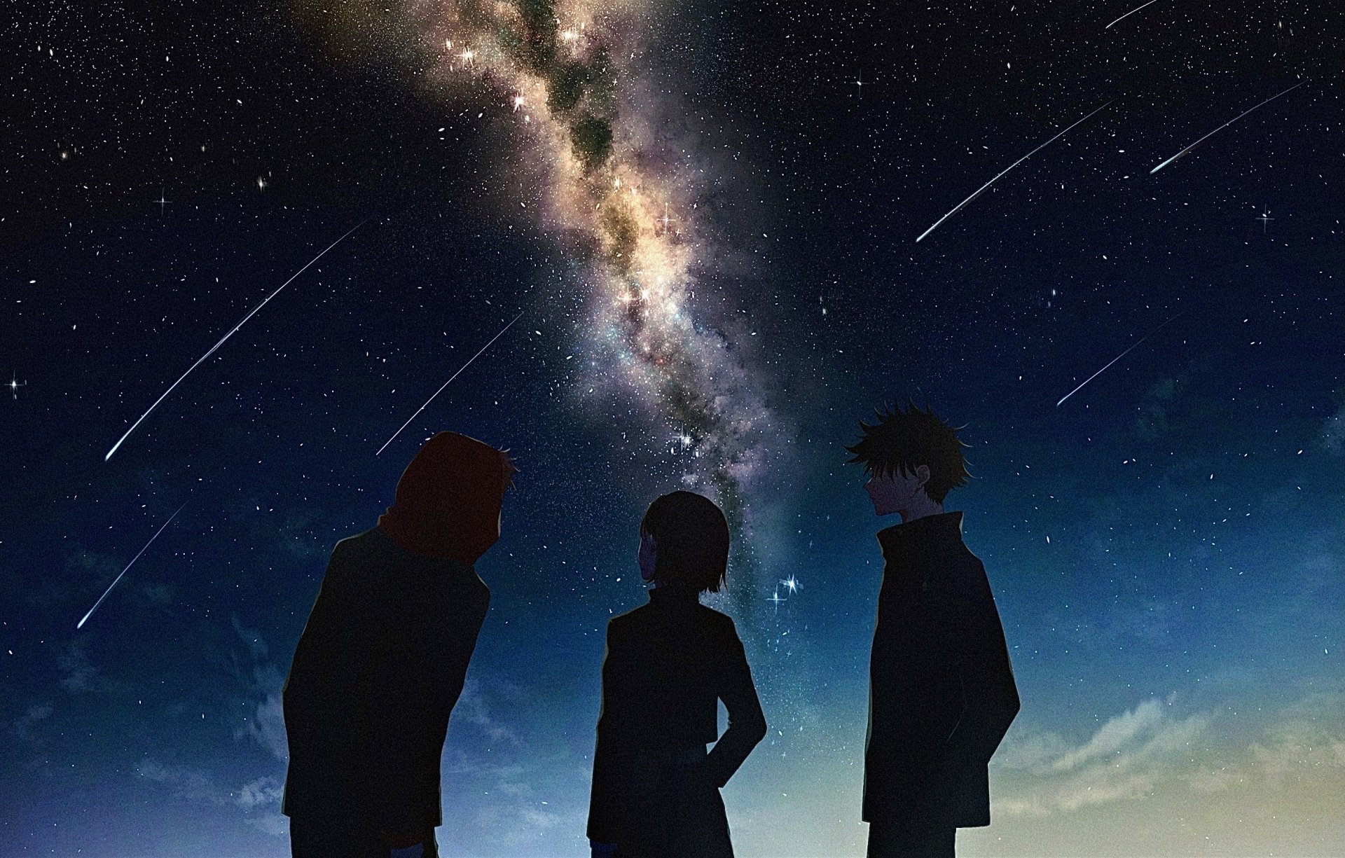 Silhouettes of Megumi Fushiguro, Nobara Kugisaki, and Yuji Itadori from Jujutsu Kaisen stand beneath a vibrant starry sky and the Milky Way in this HD anime desktop wallpaper.