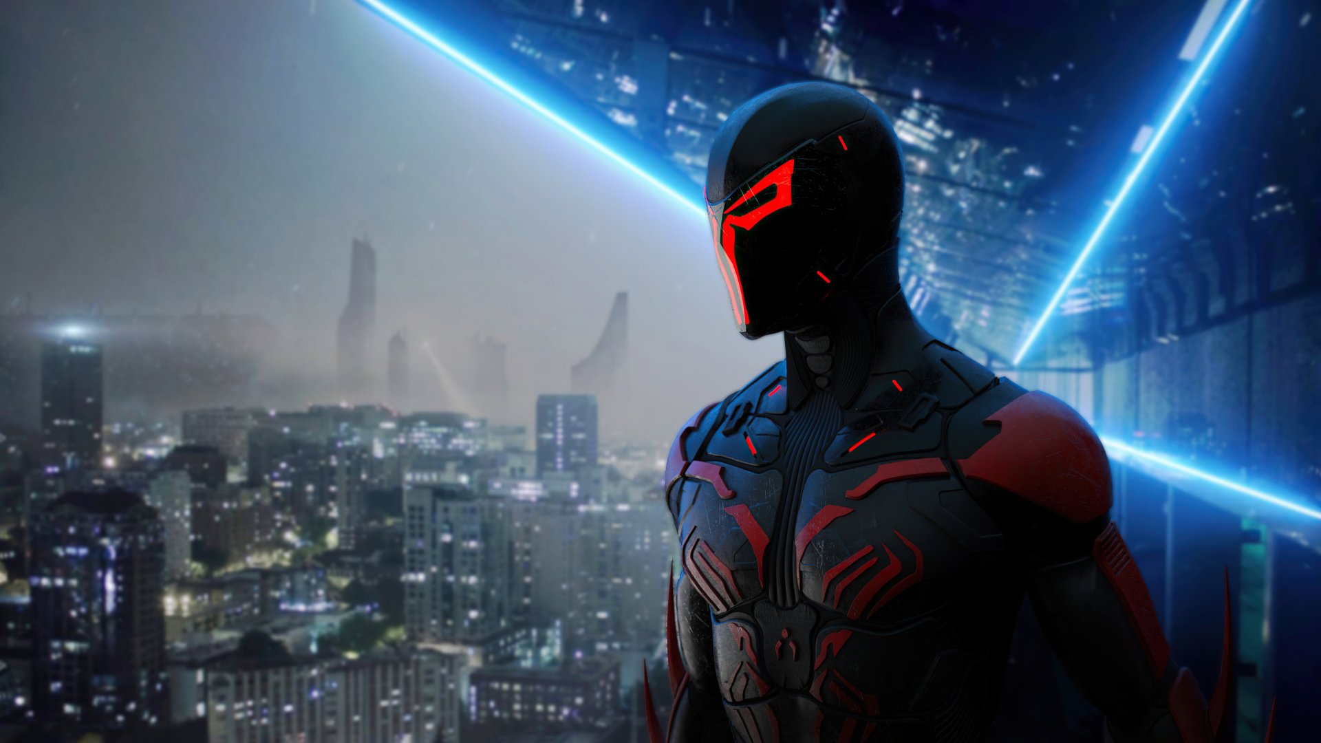 Spider-Man 2099 comic-style 4K Ultra HD PC wallpaper: neon-lit futuristic skyline with the masked red-and-blue hero overlooking the city from a rooftop.