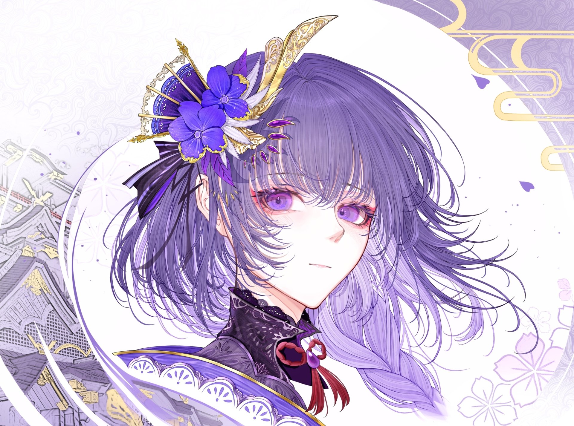 HD PC desktop wallpaper featuring Baal Raiden Shogun from the video game Genshin Impact, showcasing her detailed purple-themed design and striking violet eyes.