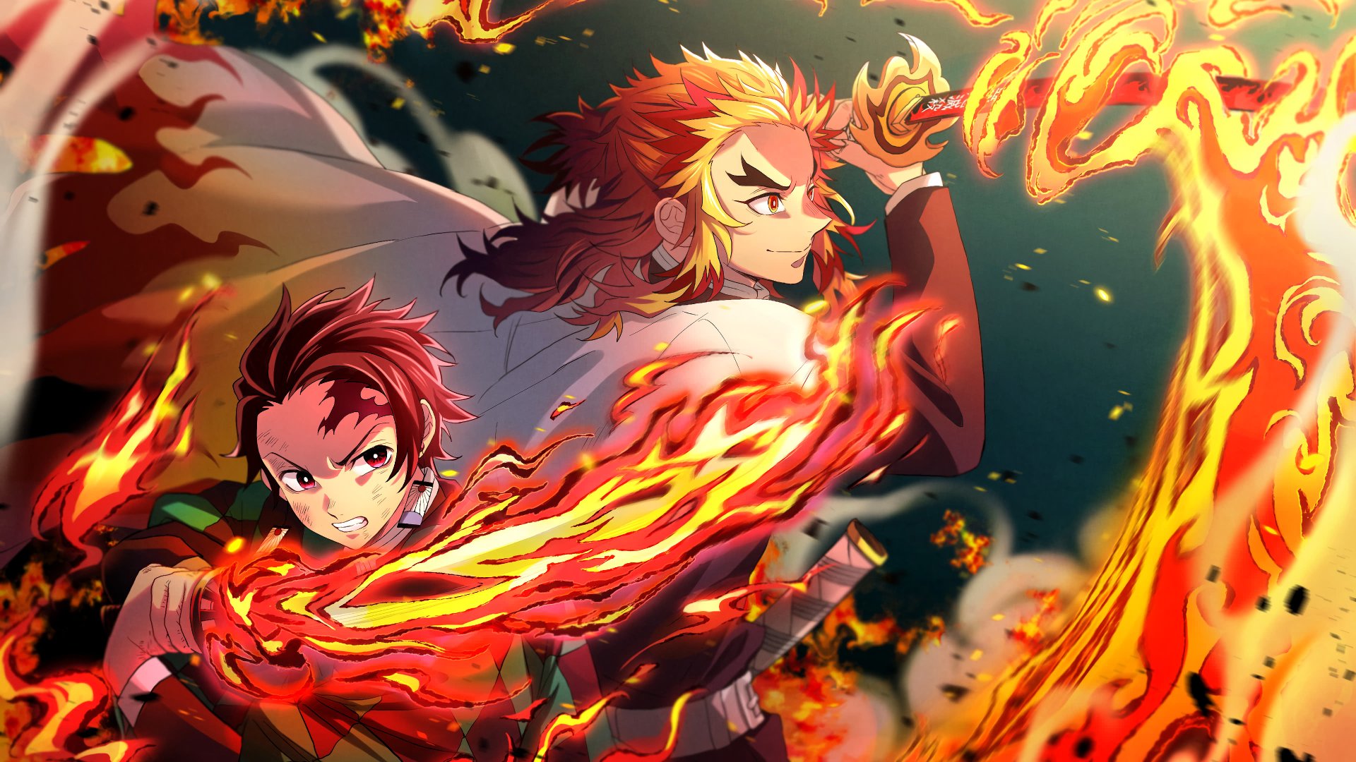 4K Ultra HD wallpaper featuring Tanjiro Kamado and Kyojuro Rengoku performing Hinokami Kagura flames from the anime Demon Slayer: Kimetsu no Yaiba.