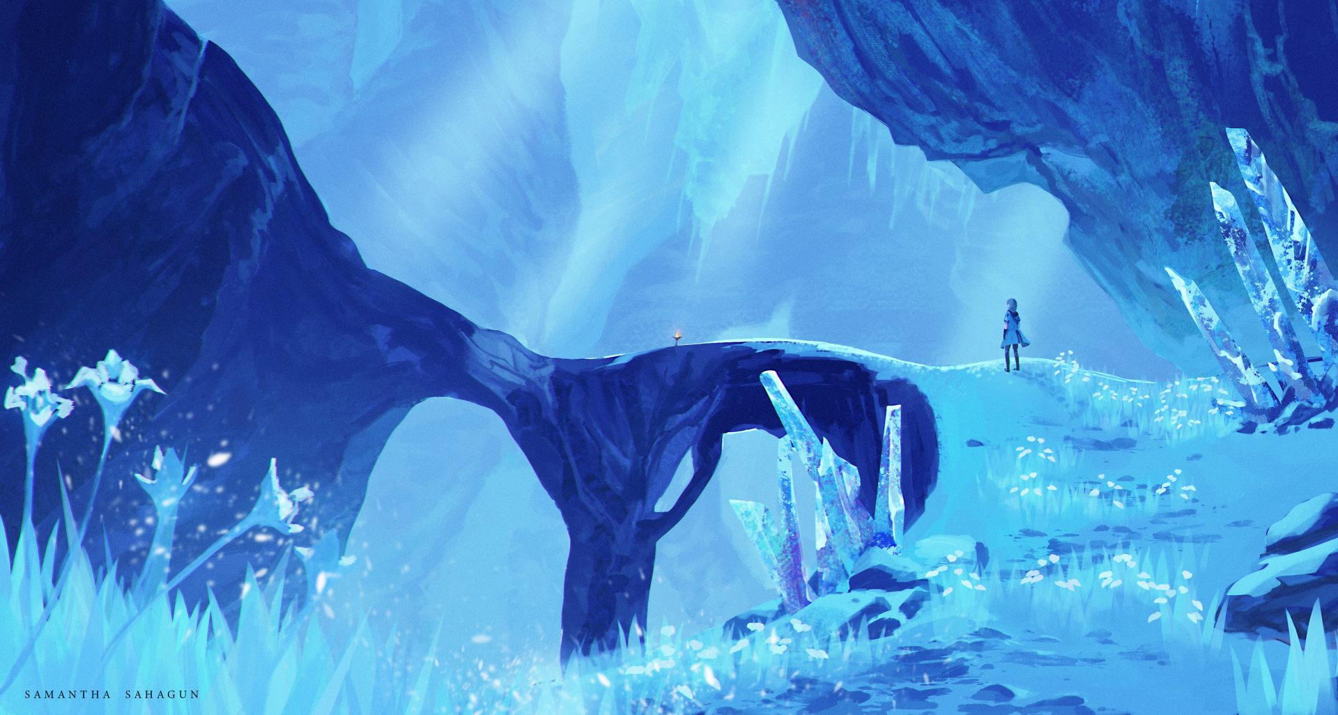 Albedo (Genshin Impact) stands on a crystalline arch in a glowing blue ice cavern, 2K Quad HD PC desktop wallpaper/background.