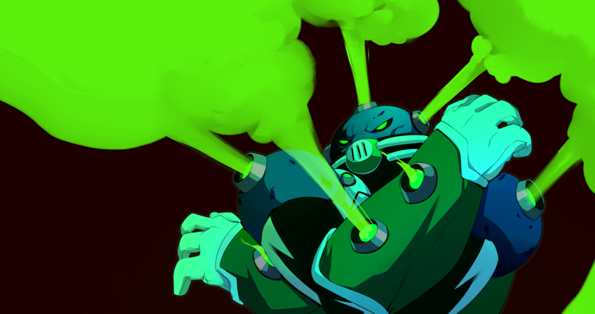 HD PC desktop wallpaper featuring a dynamic scene from the TV show Ben 10: Omniverse with a green smoke-emitting robotic character in action.