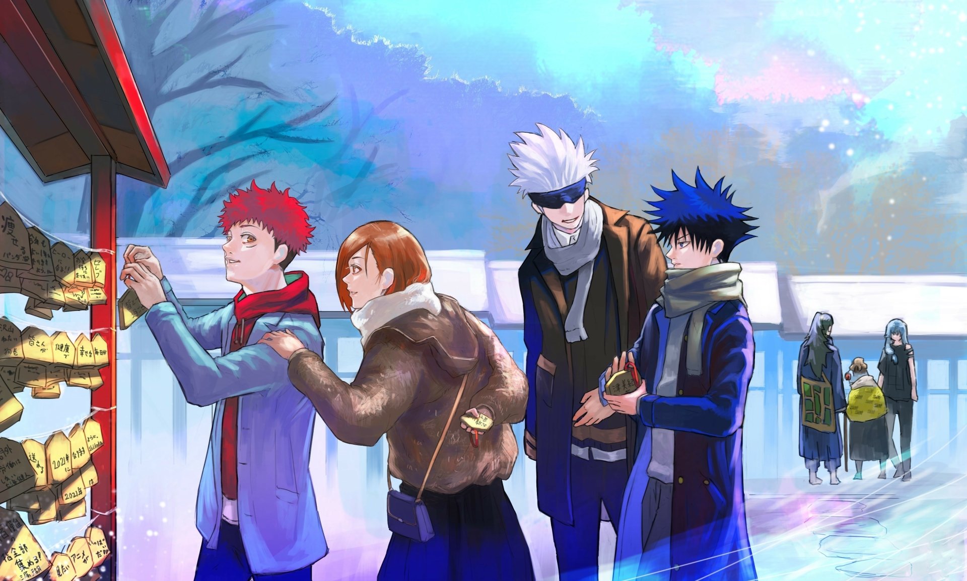4K Ultra HD PC desktop wallpaper: Jujutsu Kaisen characters Megumi Fushiguro, Satoru Gojo, Nobara Kugisaki and Yuji Itadori in winter coats at a snowy shrine, browsing wooden ema plaques.