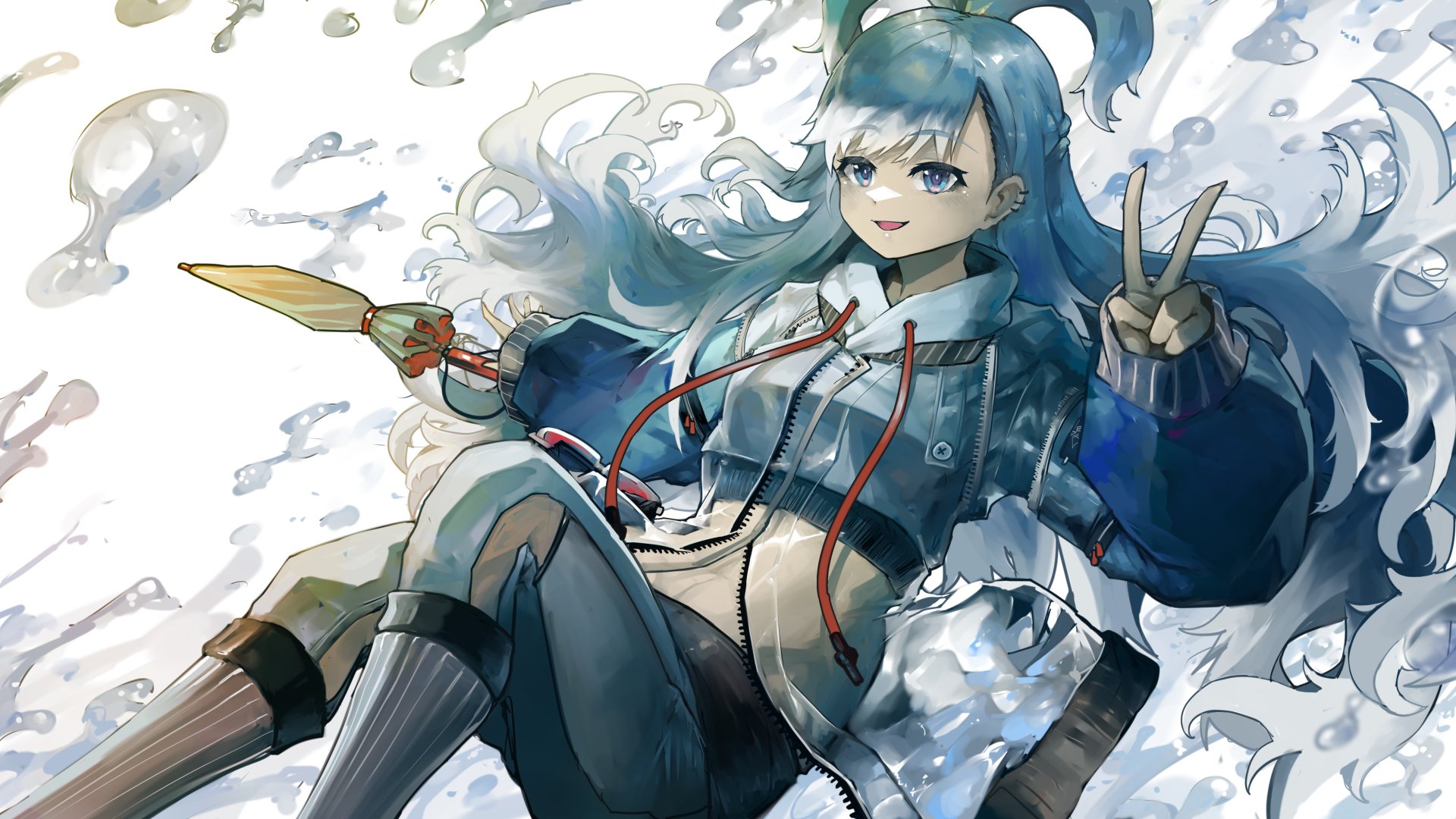 4K Ultra HD PC desktop wallpaper/background featuring hololive Virtual YouTuber Kobo Kanaeru — anime-style teal-haired girl in a school outfit flashing a peace sign amid water motifs.