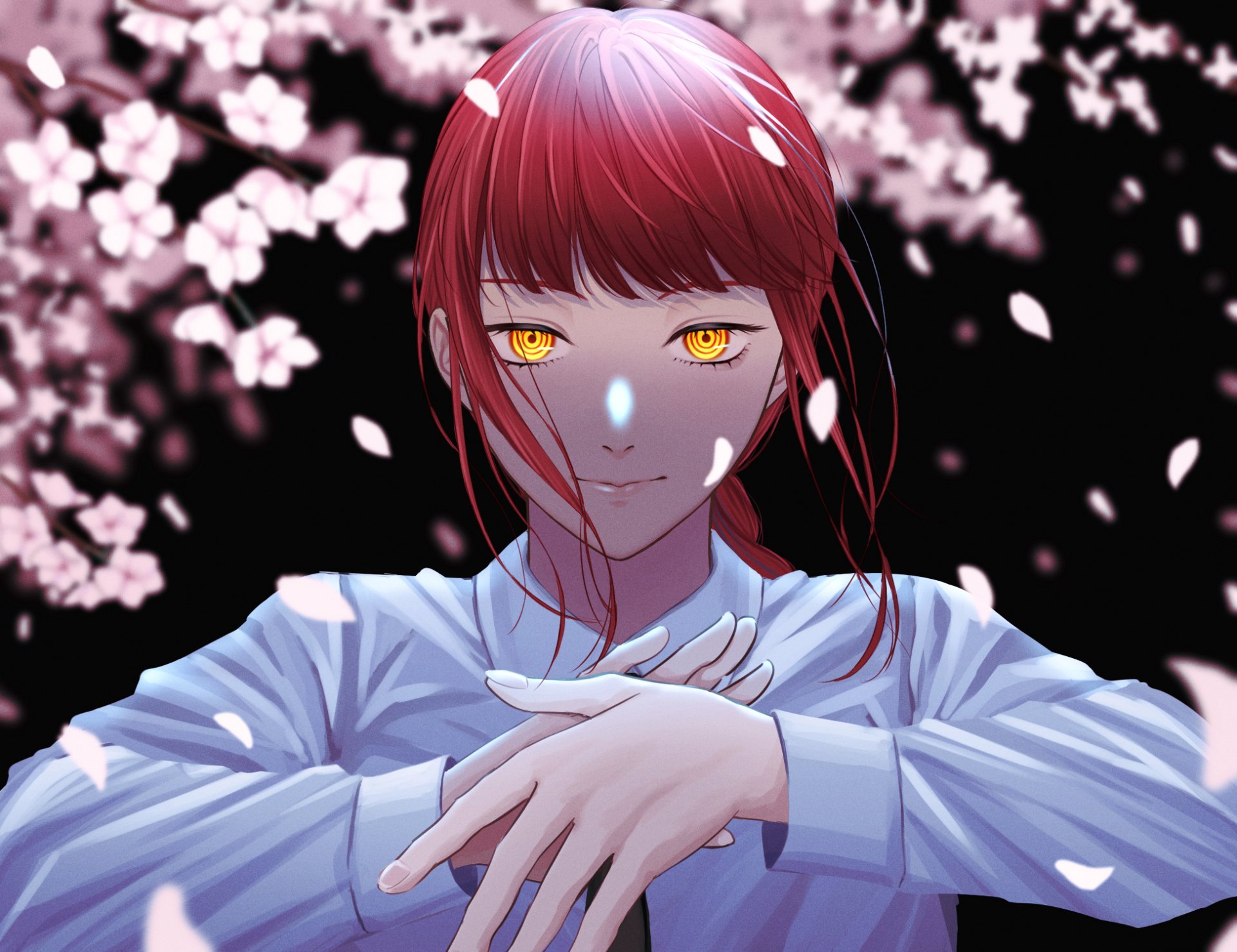 HD PC desktop wallpaper featuring Makima from Chainsaw Man, surrounded by falling cherry blossom petals against a dark background, showcasing vibrant anime art style.