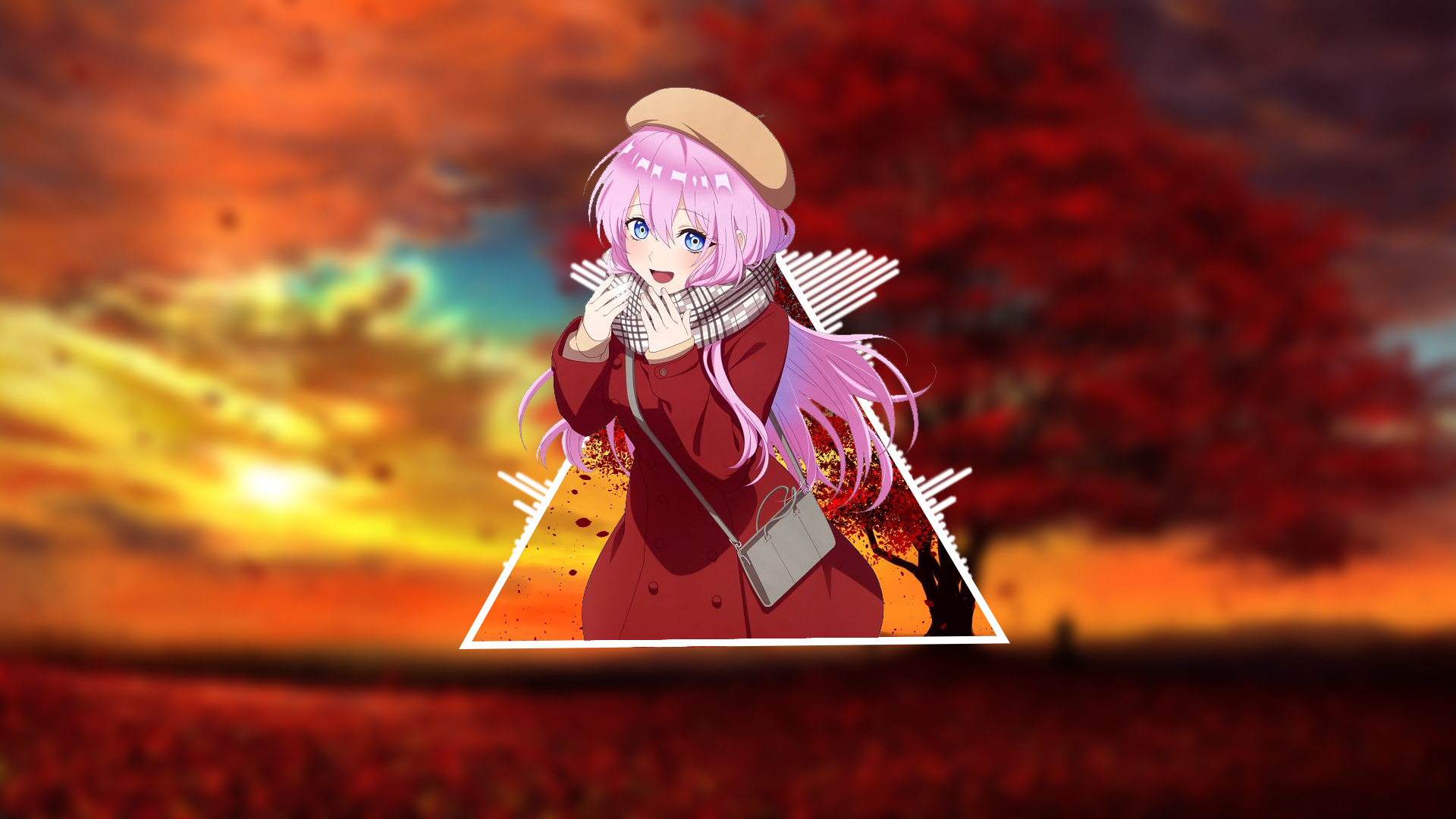 HD anime desktop wallpaper featuring Shikimori from Shikimori's Not Just a Cutie with a vibrant, warm sunset background and autumnal tones.