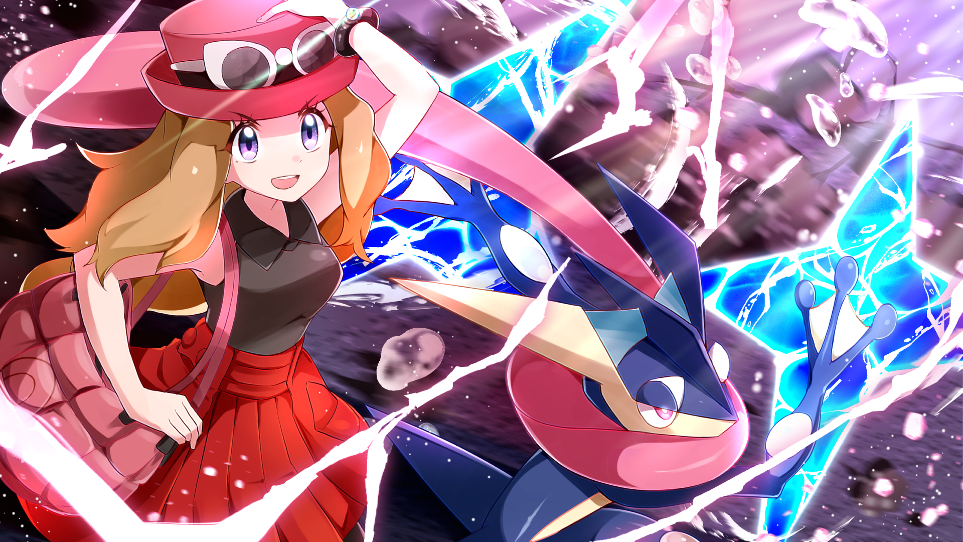 HD PC desktop wallpaper featuring Serena and Greninja from Pokémon X and Y, showcasing dynamic action with vibrant blue lightning effects.
