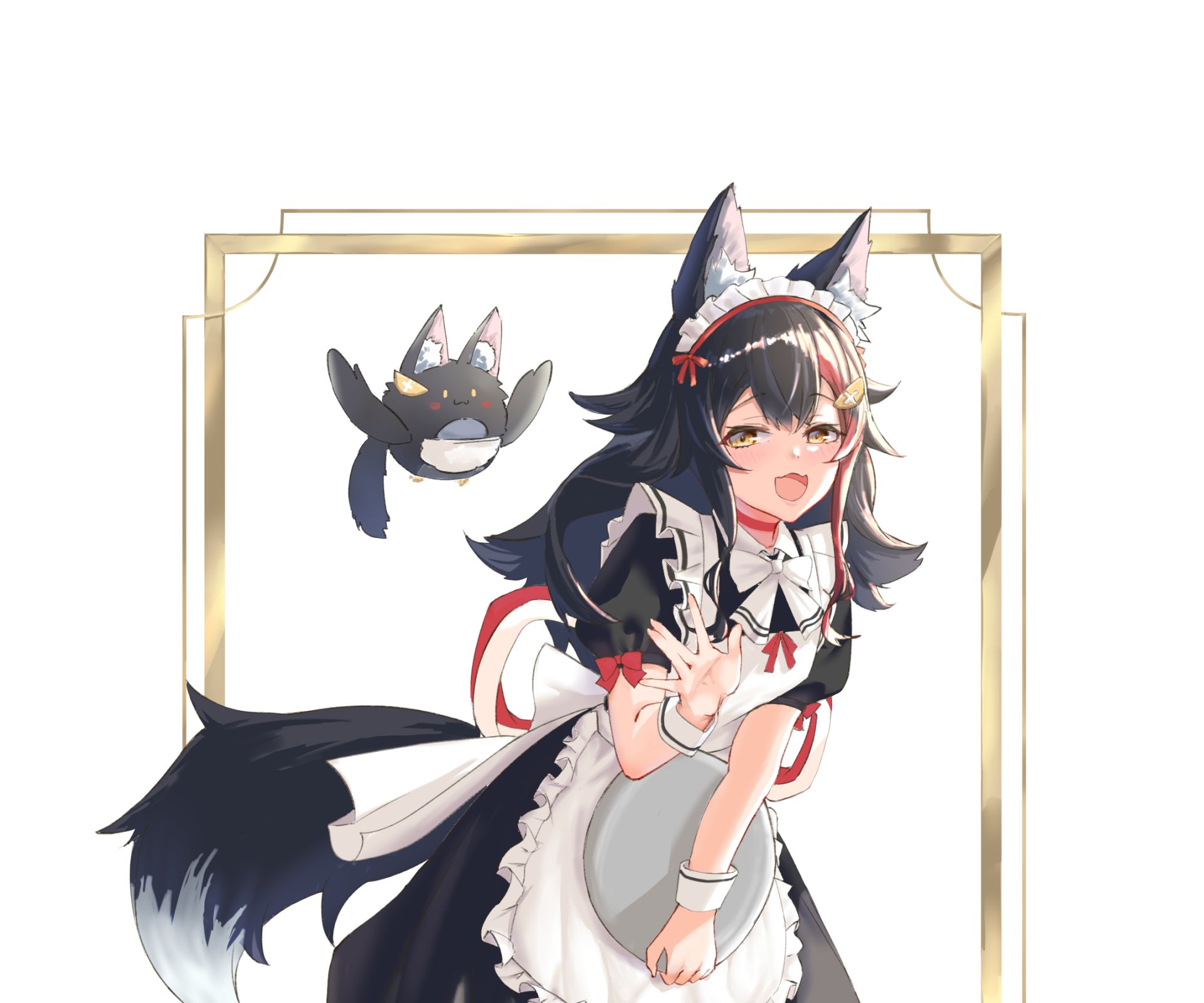 HD PC desktop wallpaper of hololive Virtual YouTuber Ookami Mio: anime-style maid outfit, playful wink and wave, wolf ears and tail, with a floating bat companion against a white framed background.