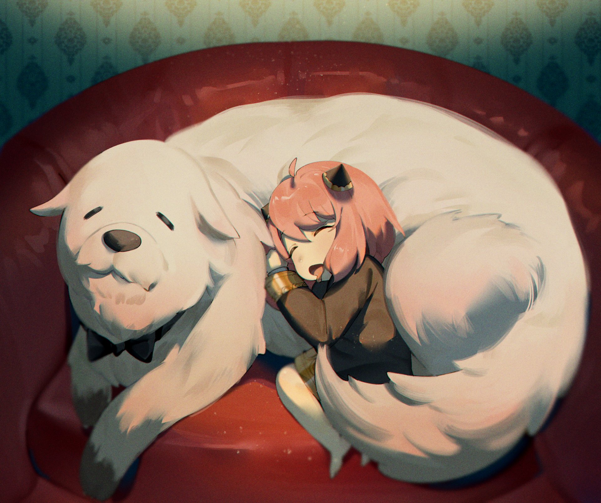 Anya Forger and Bond from Spy x Family cuddle together on a red couch in this HD anime desktop wallpaper.
