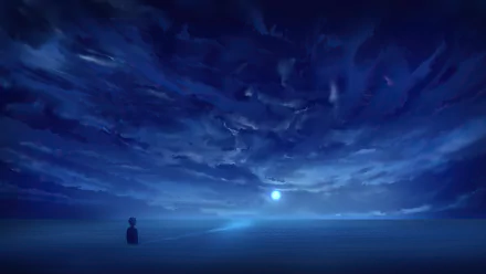 4K Ultra HD PC desktop wallpaper: lone anime boy on a vast blue night shore, moon on the horizon beneath swirling cloud-filled sky.
