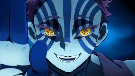4K Ultra HD anime wallpaper featuring Akaza, the demon from Demon Slayer: Kimetsu no Yaiba, with striking blue markings and glowing yellow eyes.