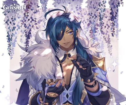 HD PC desktop wallpaper of Kaeya from Genshin Impact, featuring the character under cascading purple wisteria flowers with a confident expression.