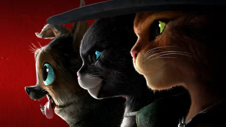 HD PC wallpaper from the movie Puss in Boots: The Last Wish — close-up profiles of Perrito, Kitty Softpaws and Puss in Boots against a red background.