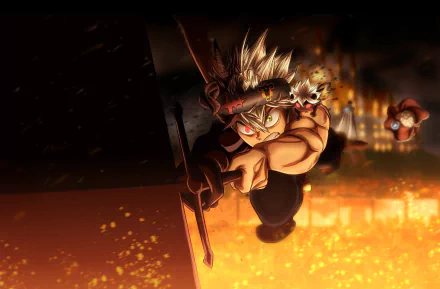 Asta and Liebe from Black Clover in dynamic anime wallpaper, Asta lunging forward with sword, dark aura and molten city glow — HD PC desktop background.