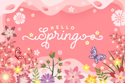 Artistic spring 2K Quad HD PC desktop wallpaper and background: pink floral border with blossoms, green sprigs and a butterfly framing cursive Hello Spring on a soft pink field.