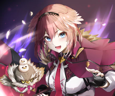 2K Quad HD PC wallpaper of hololive Virtual YouTuber Takane Lui — anime portrait with crimson cape, bright blue eyes and owl companion against a glowing purple background.