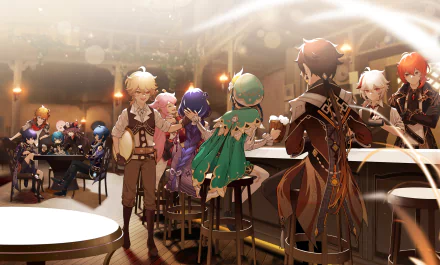 HD PC desktop wallpaper featuring Aether and other characters from the video game Genshin Impact gathered in a warmly lit tavern setting.