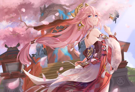 Yae Miko Guuji from Genshin Impact stands gracefully in a vibrant, cherry blossom-filled setting, rendered in stunning 4K Ultra HD for PC desktop wallpaper.