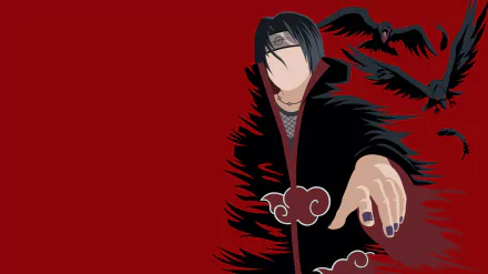 Minimalist 4K anime desktop wallpaper of Itachi Uchiha from Naruto in his Akatsuki cloak, faceless silhouette reaching out against a deep red background with flying crows.