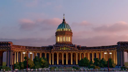 4K Ultra HD Minecraft recreation of a Saint Petersburg cathedral, showcasing detailed architecture in a video game style against a twilight sky.